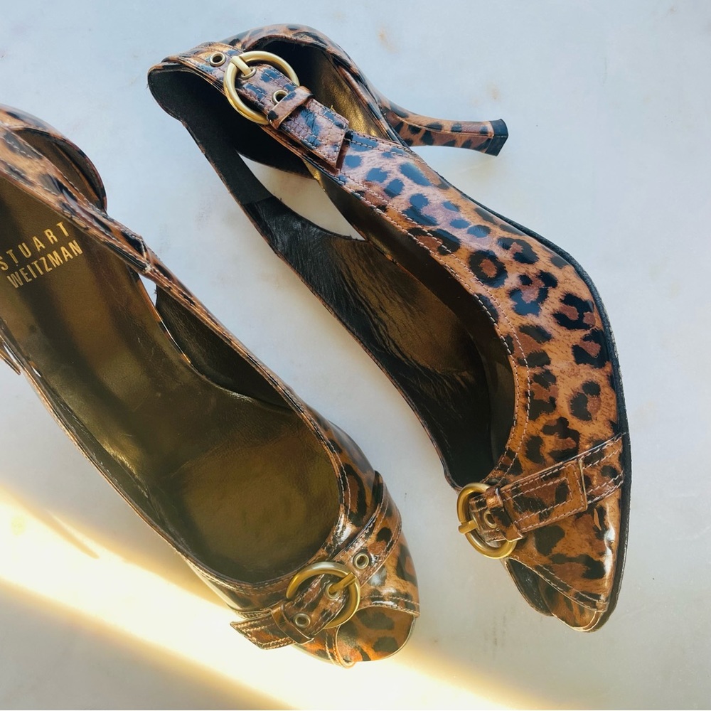 Stuart Weitzman Leopard Print Patent Peep Toe Hee… - image 5